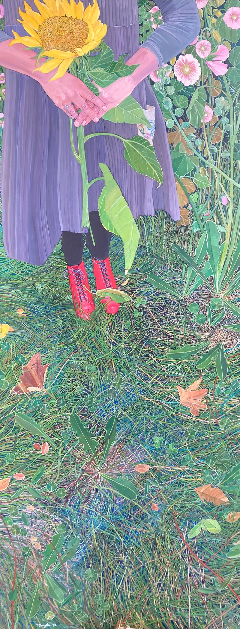 Tanya Zaryski - Michele and Virginia (the Artist, aged 59, in a Dress Stitched for Virginia Woolf, Adrift in an Autumn Garden) - 24"x60"