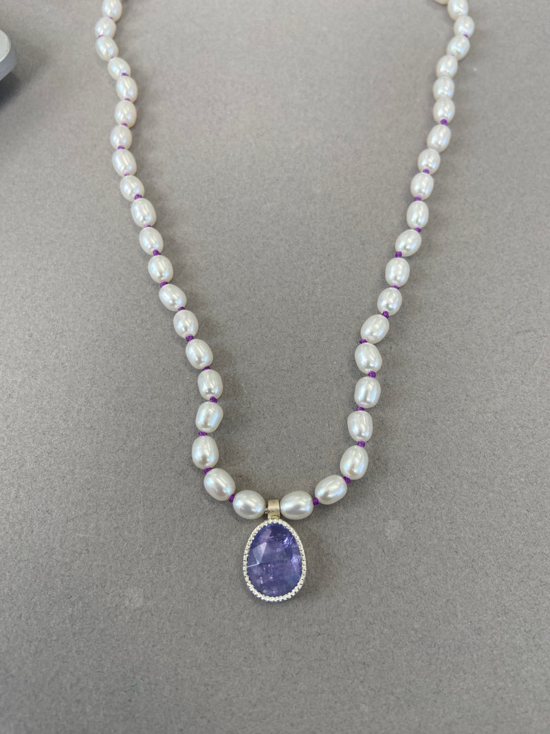 Andrea Mueller -  White Oval Pearl Necklace with Tanzanite