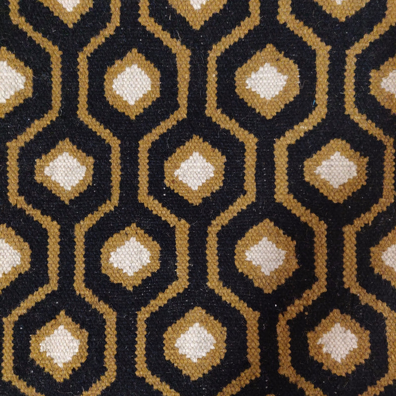 Woven Wool, Black and Gold, Geometric Hexagon Pattern Rug