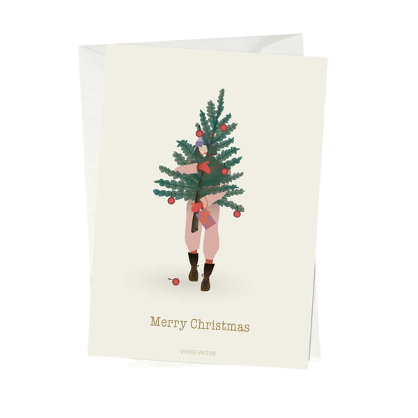 Merry Christmas Tree and Girl - greeting card