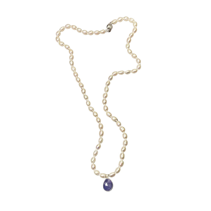 Small White Oval Pearl Necklace with Tanzanite